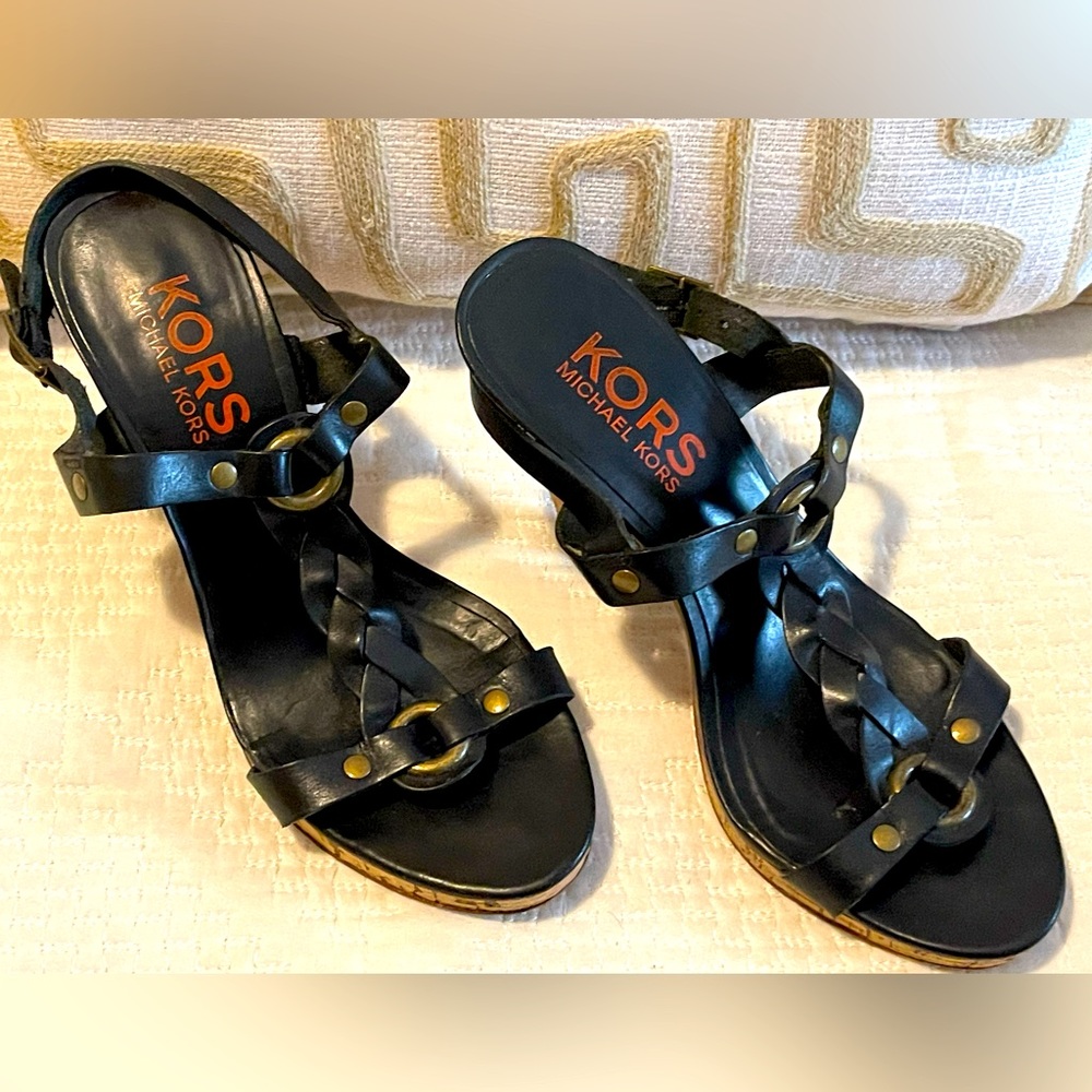 Michael-Kors black leather wedges size 7
